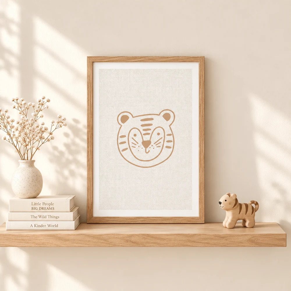 Minimal Tiger framed styling example; frame not included