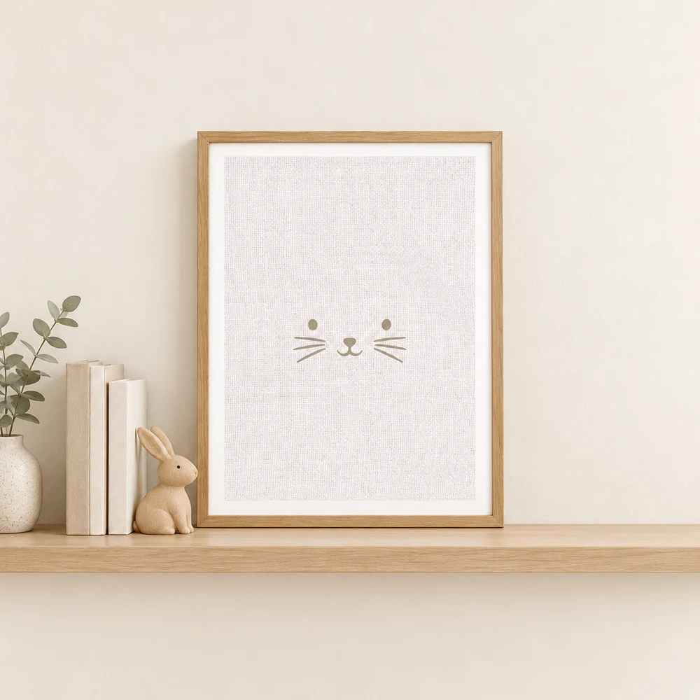 Minimal Whiskers · Neutral framed styling example; frame not included