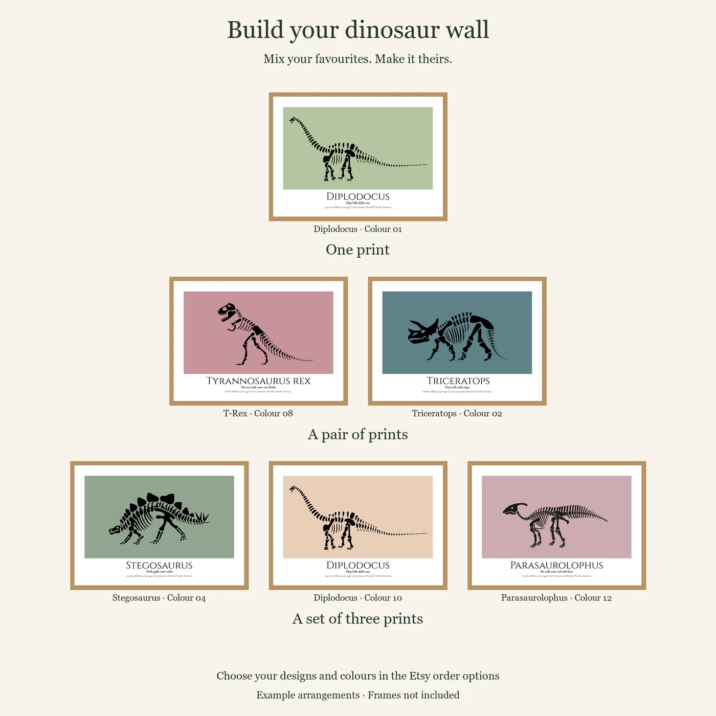 One, two and three dinosaur prints arranged in mixed olive, rose, slate, forest, apricot and heather colours