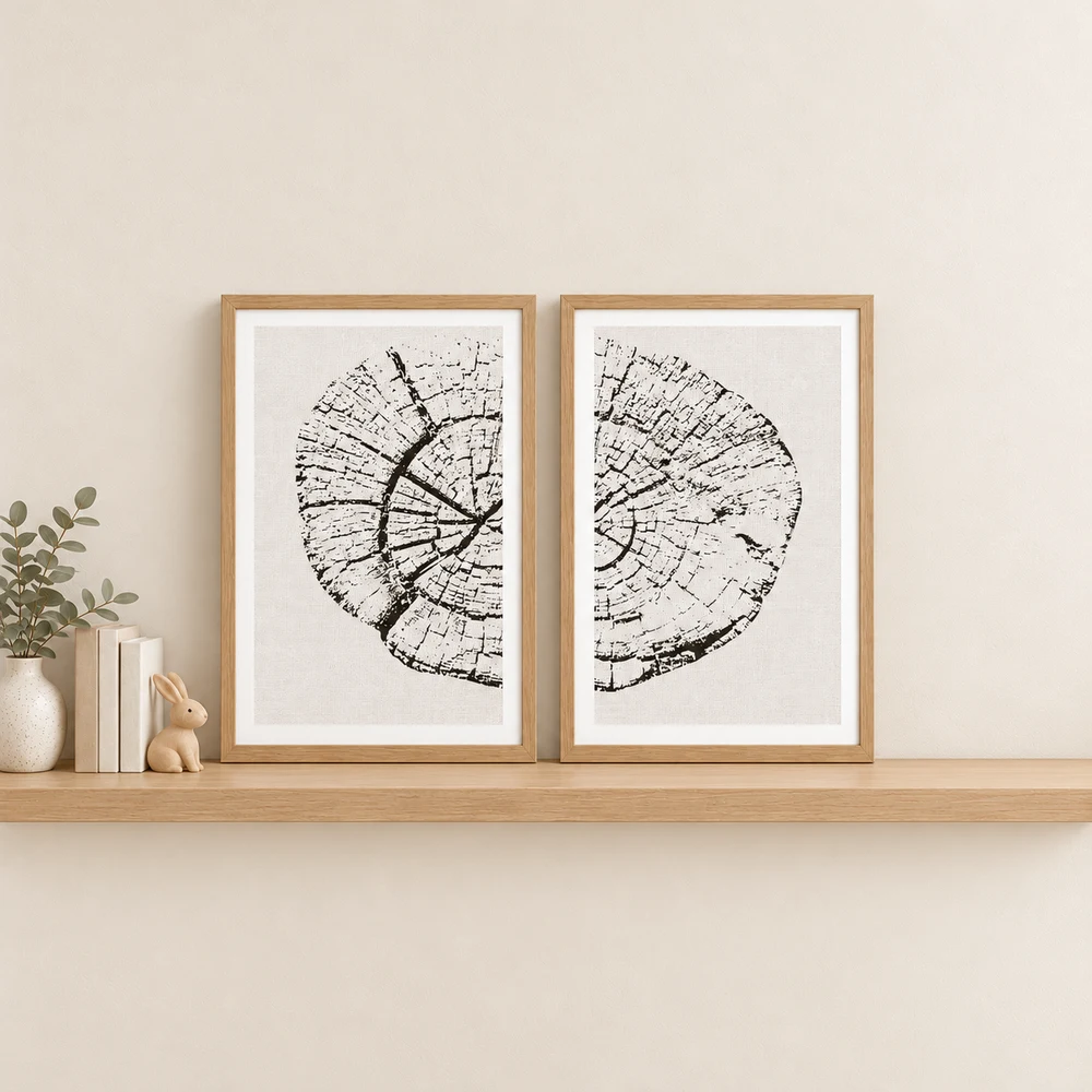 Tree ring print pair styled in oak frames; frames not included